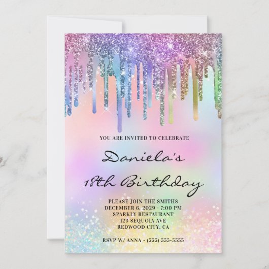 Invitation Holo Glitter Rainbow Drips 18th Birthday (Devant)