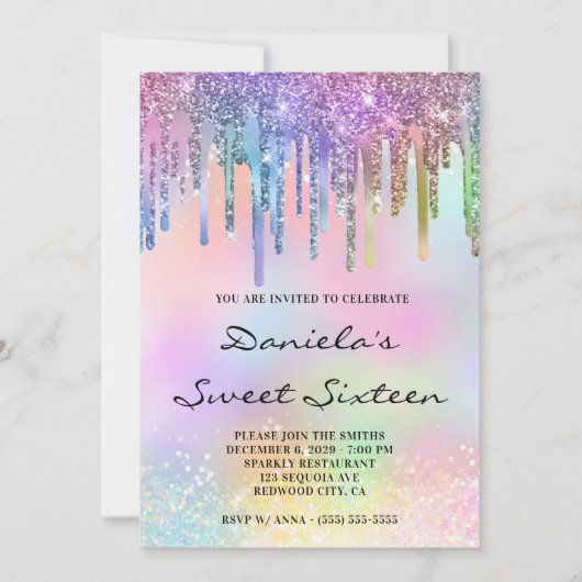 Invitation Holo Glitter Rainbow Drips Sweet Sixteen (Devant)