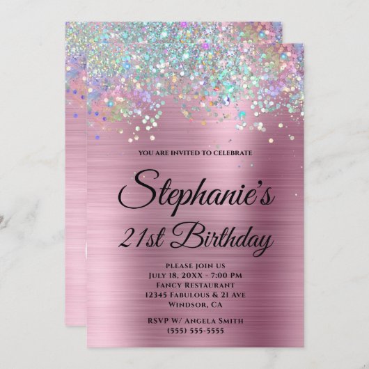 Invitation Holo Parties scintillant Fille rose Foil Fancy Mon (Devant / Derrière)