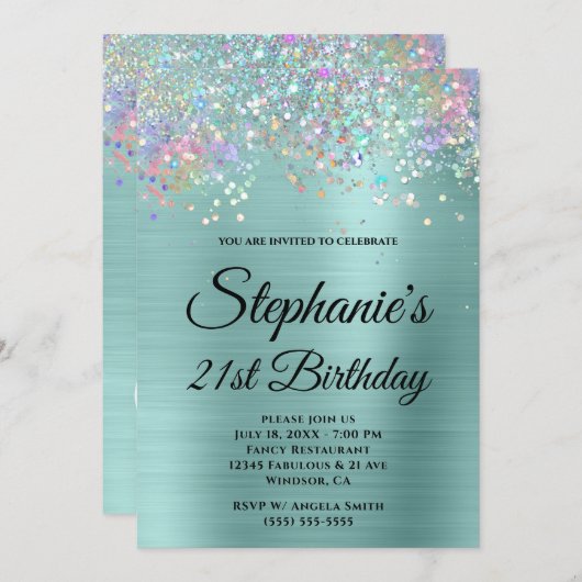 Invitation Holo Parties scintillant Pale Turquoise Foil Fancy (Devant / Derrière)