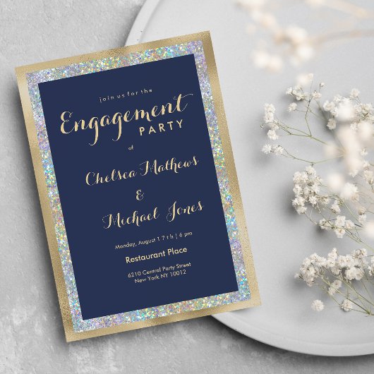 Invitation Hologramme d'engagement en or bleu marine