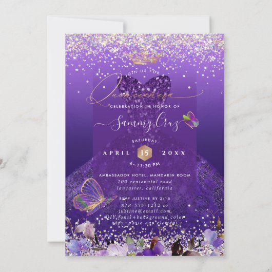 Invitation Hologramme Faux Parties scintillant Robe Violette  (Dos)