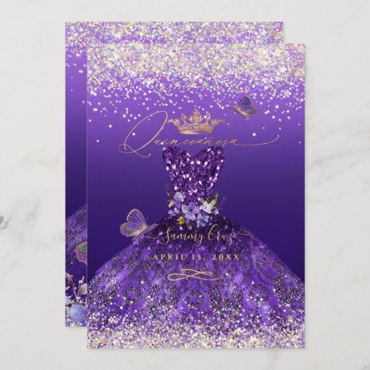 Invitation Hologramme Faux Parties scintillant Robe Violette  (Devant / Derrière)