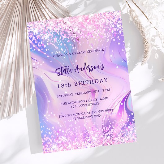 Invitation Hologramme rose violet anniversaire luxe