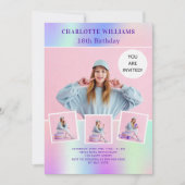 Invitation Hologramme rose violet photo luxe anniversaire (Devant)