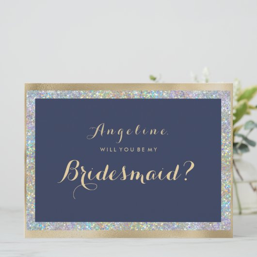 Invitation Holographe en or bleu marine en argent Bridesmaid (Debout devant)