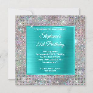 Invitation Holographe Turquoise Diamant Éclairé Peau Annivers