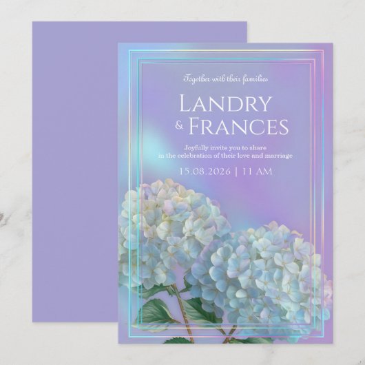 Invitation Holographic Linear Lavender Hydrangea Wedding (Devant / Derrière)