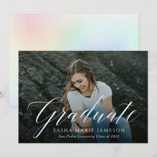 Invitation Holographie Calligraphie Graduate Paysage photo (Devant / Derrière)