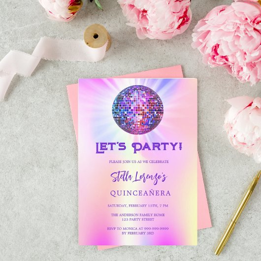 Invitation Holographie de la fête Disco Quinceanera