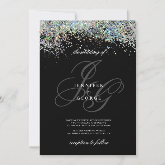 Invitation Holographie or argent parties scintillant initiale (Devant)