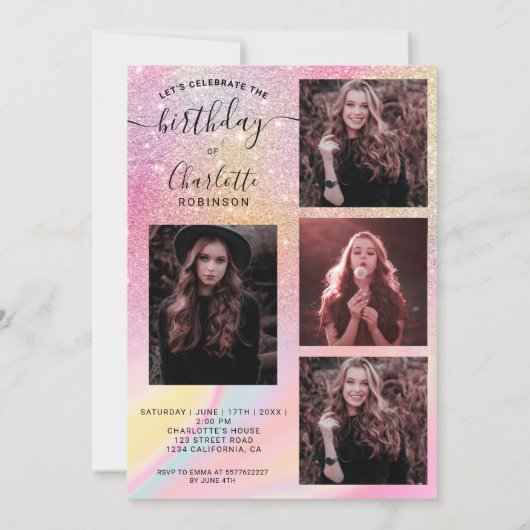 Invitation Holographie parties scintillant arc-en-ciel 5 phot (Dos)