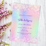 Invitation Holographie rose violet 21e anniversaire<br><div class="desc">Une invitation à la fête du 21e anniversaire féminine et féminine. Devant : Un arc-en-ciel, arrière - plan de couleur holographique en violet, rose, vert menthe. Décoré de mousseux roses rousses. Personnalisez et ajoutez un nom et des détails du parti. Le nom est écrit avec un script de style écrit...</div>