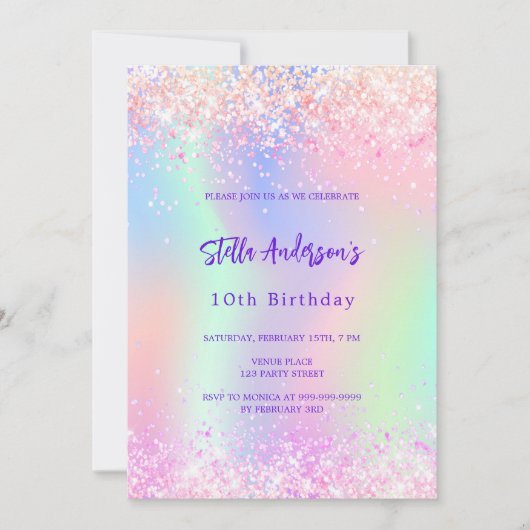 Invitation Holographie rose violet parties scintillant 10e an (Devant)