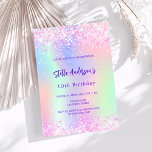 Invitation Holographie rose violet parties scintillant 10e an<br><div class="desc">Une invitation à la fête du 10e anniversaire féminine et féminine. Devant : Un arc-en-ciel, arrière - plan de couleur holographique en violet, rose, vert menthe. Décoré de confettis rose vif. Personnalisez et ajoutez un nom et des détails du parti. Le nom est écrit avec un script de style écrit...</div>