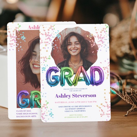 Invitation Holographique Ballons Lettering Graduation 2 Photo