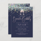 Invitation Holographique Confetti Brunch+Bubbly Champagne ros (Devant / Derrière)