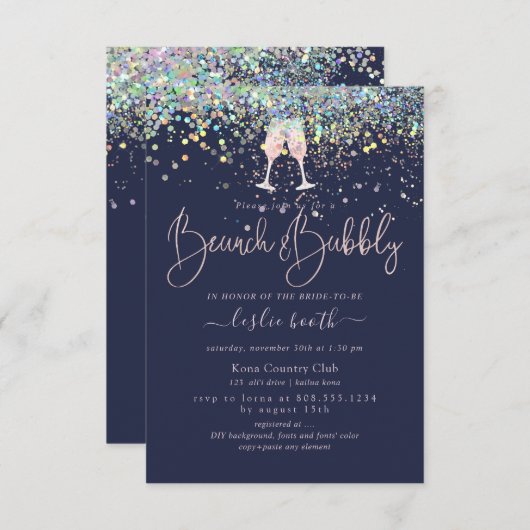 Invitation Holographique Confetti Brunch+Bubbly Champagne ros (Devant / Derrière)