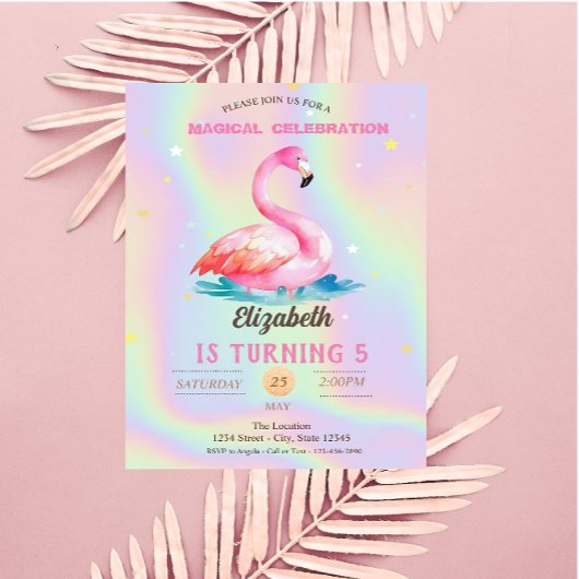 Invitation Holographique cool Adorable Flamants roses roses