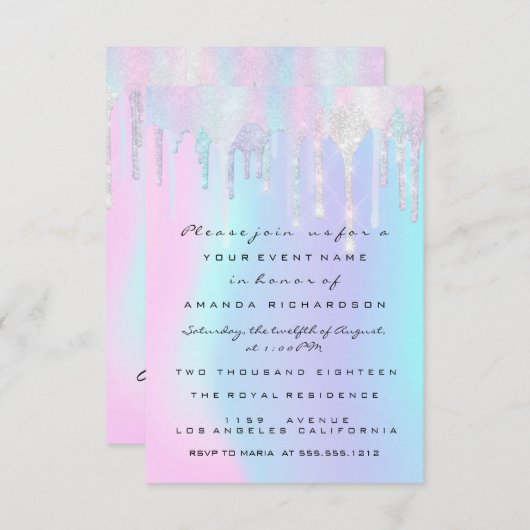 Invitation Holographique gouttes rose Unicorne Douce 16e Sirè (Devant / Derrière)