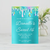 Invitation Holographique Liquide Drip Turquoise Blue Sweet 16 (Debout devant)