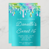 Invitation Holographique Liquide Drip Turquoise Blue Sweet 16 (Devant / Derrière)