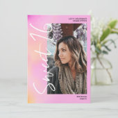 Invitation Holographique ombre script rose 4 photo Sweet 16 (Debout devant)