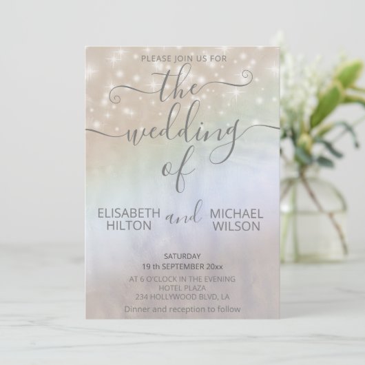 Invitation Holographique perle scintille romantique calligrap (Debout devant)