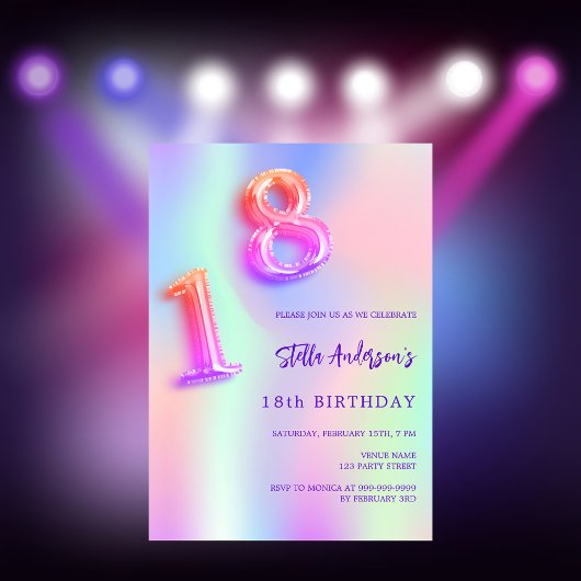 Invitation Holographique rose violet 18e anniversaire