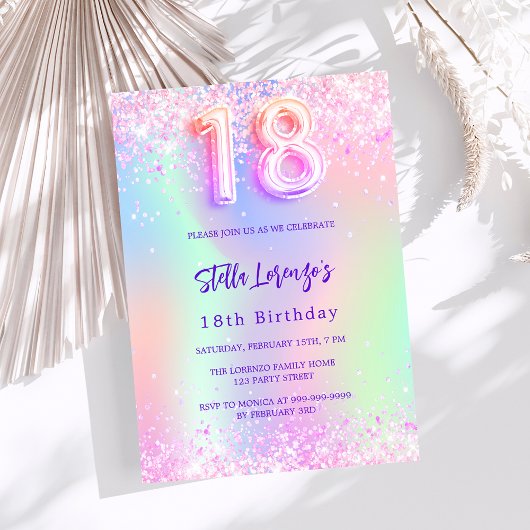 Invitation Holographique rose violet 18e anniversaire