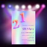 Invitation Holographique rose violet 21e anniversaire<br><div class="desc">Une invitation à la fête du 21e anniversaire féminine et féminine. Un arc-en-ciel, arrière - plan de couleur holographique en violet, rose, vert menthe. Personnalisez et ajoutez un nom et des détails du parti. Le nom est écrit avec un script de style écrit à la main, des lettres de couleur...</div>