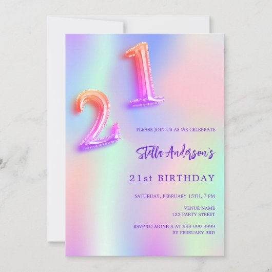 Invitation Holographique rose violet 21e anniversaire (Devant)