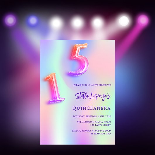 Invitation Holographique rose violet Quinceanera