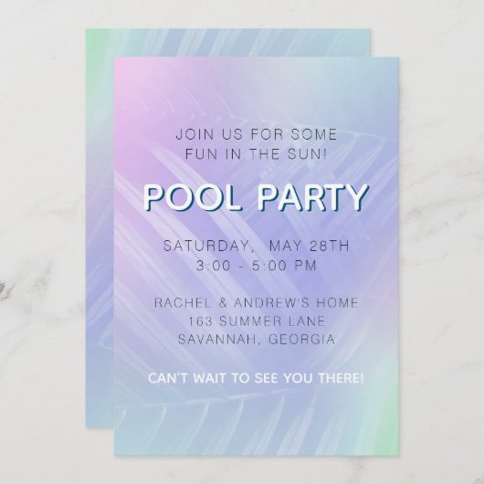 Invitation Holographique Tropical Feuille Pool Party (Devant / Derrière)