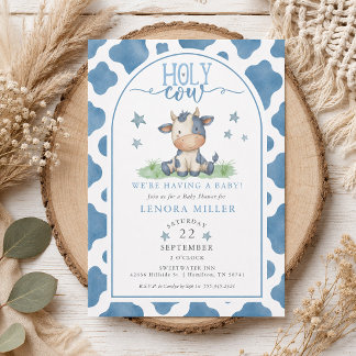 Invitation Holy Cow Blue Watercolor Cow Print Baby Shower