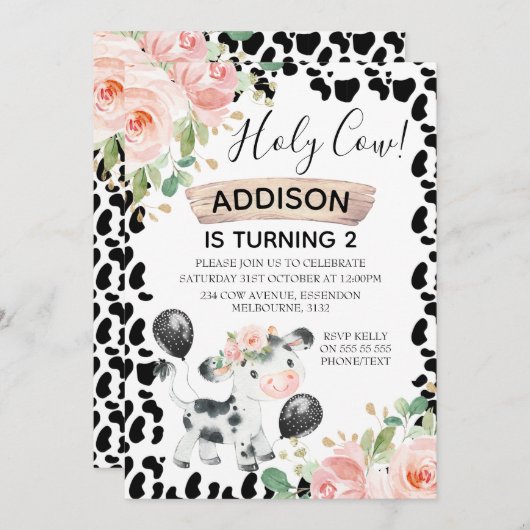 Invitation Holy Cow Floral and Cow Imprimer 2e Invitat d'anni (Devant / Derrière)