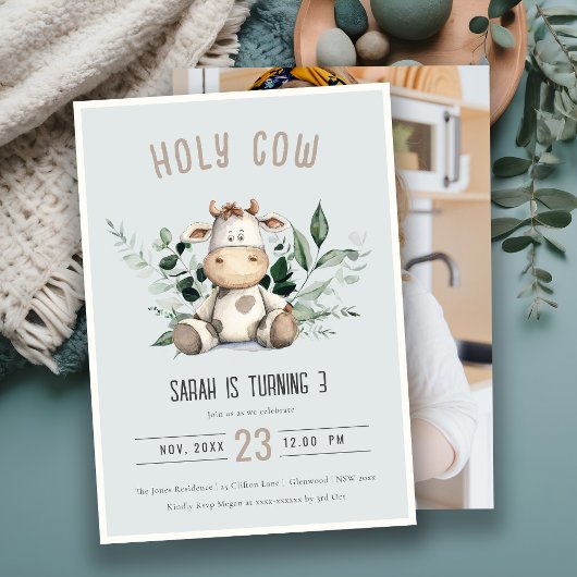 Invitation Holy Cow Foliage Dusky Blue Photo Anniversaire de 