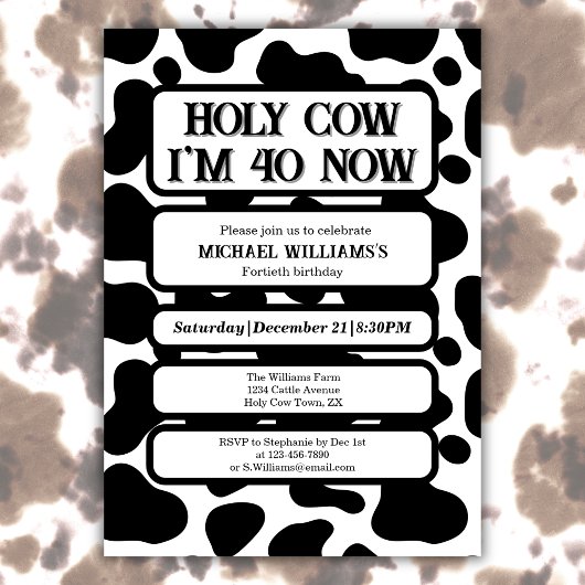 Invitation Holy Cow Funny Black White 40th Birthday