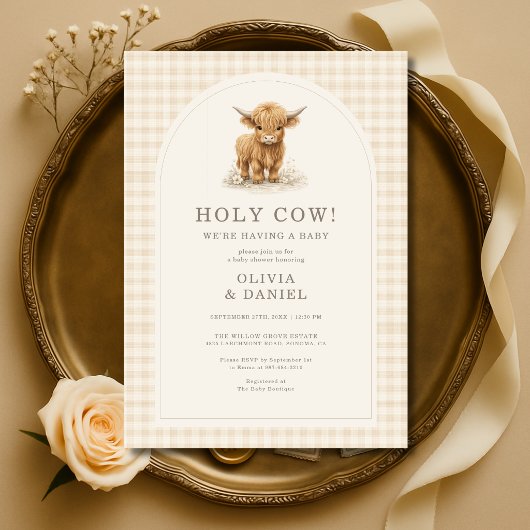 Invitation Holy Cow Highland Cow Gingham Baby Shower