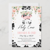 Invitation Holy Cow I'm One. Little Cow. Floral Birthday (Devant)