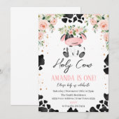 Invitation Holy Cow I'm One. Little Cow. Floral Birthday (Devant / Derrière)
