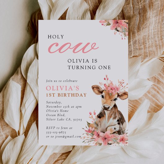 Invitation Holy Cow Pink 1st Birthday Party