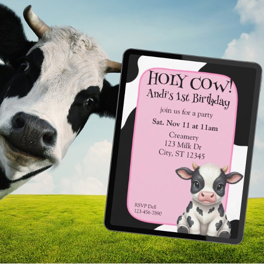 Invitation Holy Cow, pink, cow 1st Birthday
