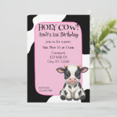 Invitation Holy Cow, pink, cow 1st Birthday (Debout devant)