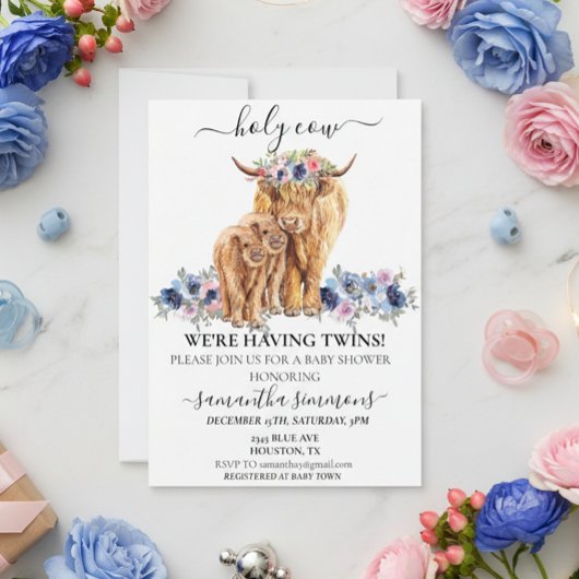 Invitation Holy Cow Twins Highland Calf Baby shower Rose Blue