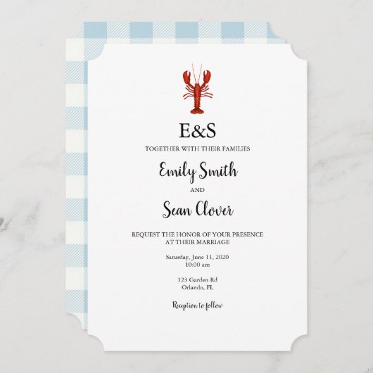 Invitation Homard Mariage nautique Monogramme En vichy bleu (Devant / Derrière)