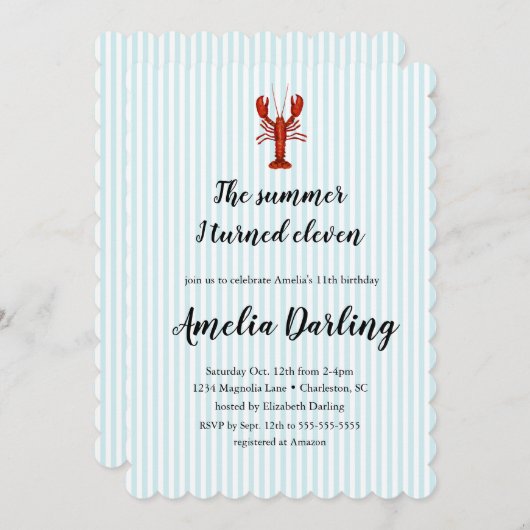 Invitation Homard Prépa Rayure Bleue Été J'ai eu Onze ans (Devant / Derrière)