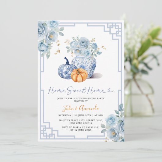 Invitation Home Sweet Home Citrouille Blue Peony Chinoiserie  (Debout devant)