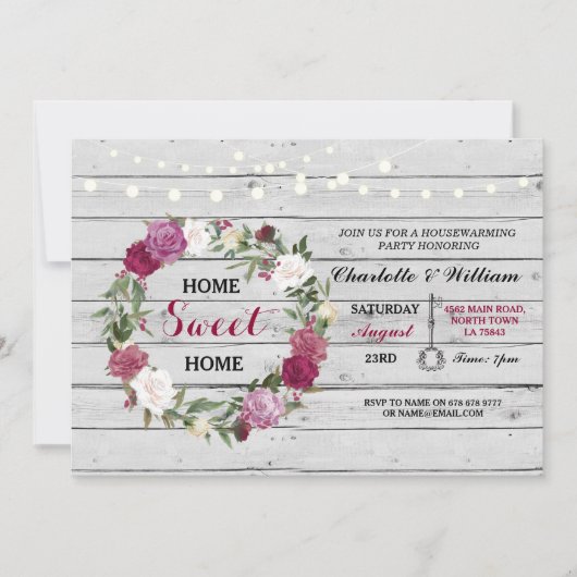 Invitation Home Sweet Home Housechauffe Floral Rustic Invitat (Devant)