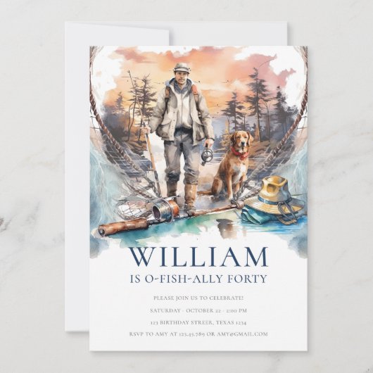 Invitation Homme et chien Adulte Pêche fête d'anniversaire (Devant)